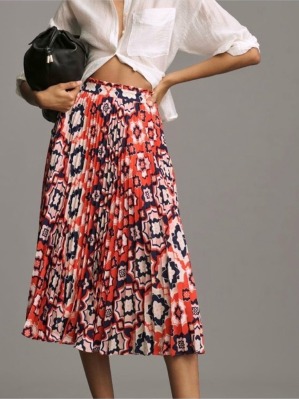 Anthropologie Pleated Midi Skirt in Coral, Navy & White